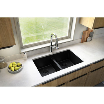 Karran 32" Undermount Double Equal Bowl Quartz Kitchen Sink, Black