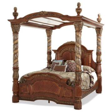 AICO Furniture, Villa Valencia Bed With Canopy, Chestnut, Eastern King