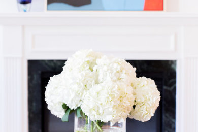 Example of a transitional light wood floor living room design in DC Metro with white walls