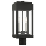 Livex Lighting - Black Transtional,  Modern Classic, Outdoor Post Top Lantern - The simple rectangular shape of the York collection is an updated classic transitional line that will complement most home exteriors. The hand crafted solid brass construction is finished in black. The clear glass exposes the brushed nickel candles seen from all angles showing off the beautiful two-tone effect.  Greet your visitors with this medium two-light post top lantern providing your home with a stunning and welcoming air.