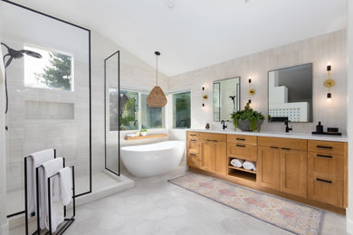 Inspiration for a mid-sized contemporary master white tile and porcelain tile porcelain tile, gray floor and double-sink bathroom remodel in Las Vegas with shaker cabinets, light wood cabinets, white walls, an undermount sink, quartz countertops, white countertops and a built-in vanity