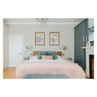 Soft pink and blue master bedroom with recessed storage - Traditional ...