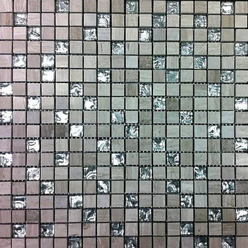 Wooden Gray Square Pattern With Silver Backed Glass Mosaic Tile, 11 Sheets