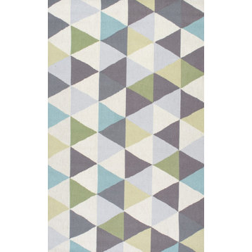 Hand-Hooked Dimensional Triangles Wool Area Rug, Green, 9'6"x13'6"