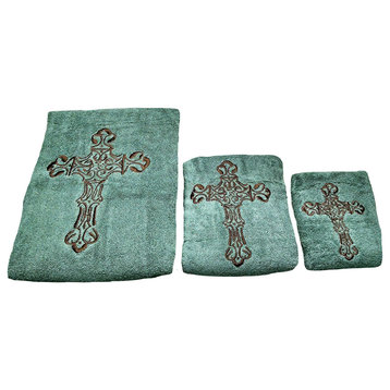 Embroidered Cross Towel Set, Mocha, 3 Piece, Turquoise