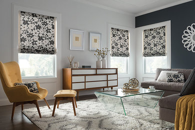 Example of a mid-sized trendy formal and enclosed dark wood floor and brown floor living room design in Other with white walls and no tv