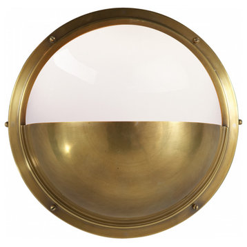 Pelham Moon Outdoor Wall Sconce, 1-Light Hand-Rubbed  Brass, White Glass, 10"H