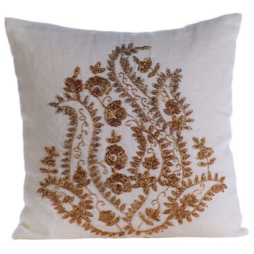 White Cotton Linen 18"x18" Indian Paisley Pillow Covers, Gold Magical Garden