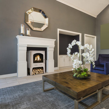 Stylish modern interior with a cream fireplace and a spring feel
