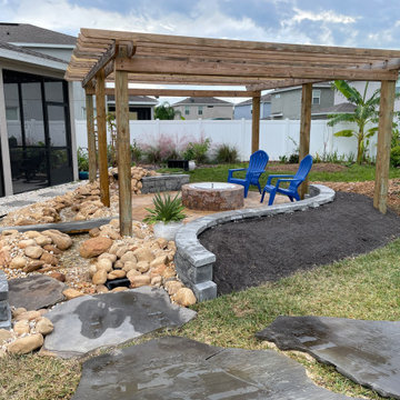 Backyard Oasis Running Stream Water Feature, Pergola, Arbor, Paver Patio, & Wall