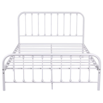 Vintage Queen Platform Bed, Metal Frame With Finial Pots & Capped Feet, White