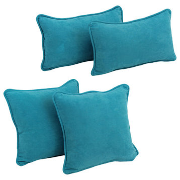 Double-Corded Solid Microsuede Throw Pillows With Inserts, Set of 4, Aqua Blue