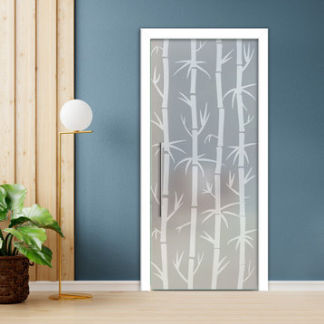 Frameless Glass Pocket Sliding Door With  Frosted Desings, 32"x81", Recessed Grip, Semi-Private