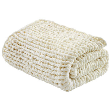 Madison Park Chunky Double Knit Handmade Throw Blanket, Blush, Ivory