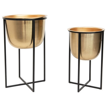 Metal Planters With Black Stands, Gold, 2-Piece Set