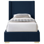 Meridian Furniture - Royce Linen Upholstered Bed, Navy, Twin - Make a big impression in the bedroom with this twin-size Royce linen textured bed. A wingback headboard is the star of the show here, with its extra height adding an element of drama to this exceptionally crafted bed. The headboard, sides and footboard of this Royce bed are covered in rich navy linen textured fabric for a sleek yet chic touch. The bed comes with both gold and chrome legs to suit your style preferences.