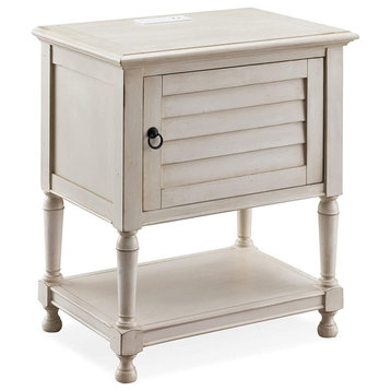 French Country Nightstand, Louvered Cabinet Door & Charging Station, White