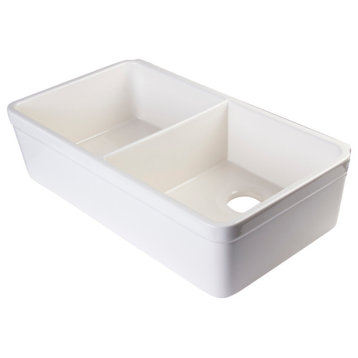 Biscuit 32" Double Bowl Fireclay Farmhouse Kitchen Sink With 1 3, 4" Lip
