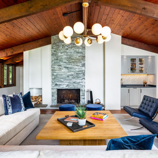 Example of a 1960s dark wood floor and exposed beam living room design in Boston with white walls, a two-sided fireplace and a stacked stone fireplace