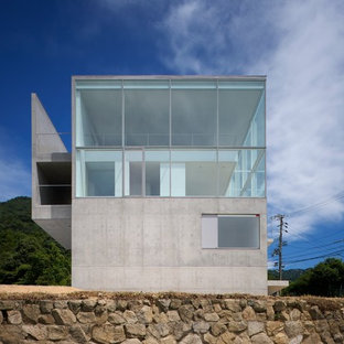 東京23区のモダンスタイルのおしゃれな家の外観 (コンクリートサイディング、グレーの外壁、陸屋根) の写真