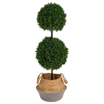 3.5' Boxwood Double Ball Faux Topiary Tree, Boho Handmade Cotton & Jute Planter