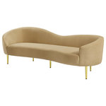 Meridian Furniture - Ritz Velvet Upholstered Sofa, Camel - Get comfy while remaining chic in this elegant Ritz camel velvet sofa. Plush camel-colored upholstery provides a soft texture that is pleasing to the senses, while its curved design offers a contemporary touch to your home furnishing. Gold metal legs complement the sofa's sophisticated camel color, creating a gallant piece anyone would be proud to display in their home.