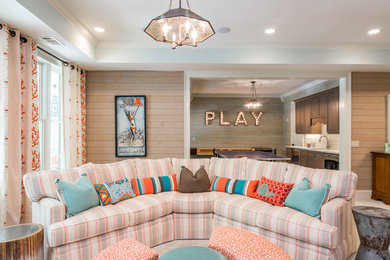 Inspiration for a large transitional enclosed carpeted living room remodel in Atlanta with a bar and beige walls