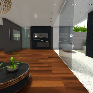 A spacious black and white bathroom.