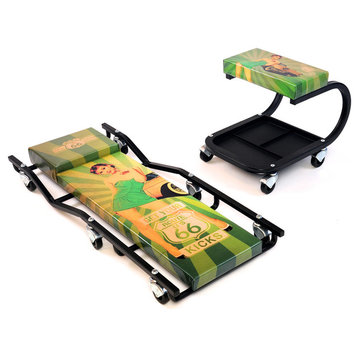 Route 66 Artwork Creeper and Mechanic Seat Set, Green