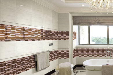 White Vanity embraces with artsy glass mosaic