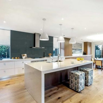 Balwyn Large Kitchen, huge blue glass splashback