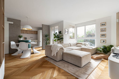 Idée de décoration pour un salon design de taille moyenne.