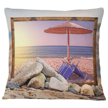 Framed Effect Beach Sunset Seashore Throw Pillow, 16"x16"