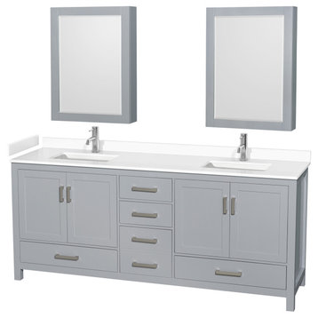 Sheffield 80" Gray Double Vanity, White Cultured Marble Top, Medicine Cabinets