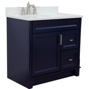 37" Single Sink Vanity, Blue Finish With White Quartz And Left Door/Left Sink