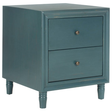 Transitional Side Table, Turned Legs & 2 Drawers With Round Knobs, Steel Teal