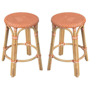 Home Square Rattan Round Backless Counter Stool in Orange and White - Set of 2