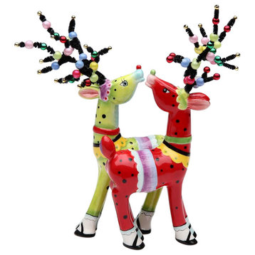 Lime Green and Red Whimsical Deer Reindeer Salt and Pepper Shakers