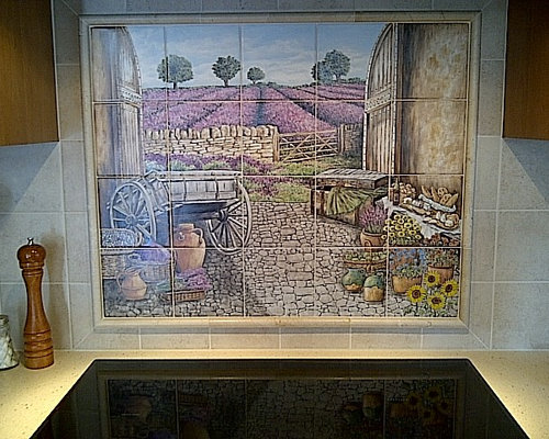 "Kittle's French Country Lavender Field View" kitchen backsplash tile mural