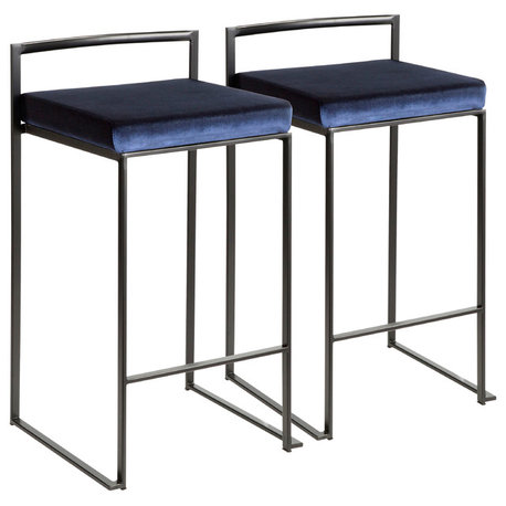 LumiSource Fuji Counter Stool Set of 2, Blue Velvet Cushion, Black Frame