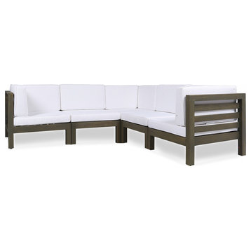 GDF Studio Dawson Outdoor 5-Seater V-Shaped Acacia Wood Sectional Sofa Set, Gray/White