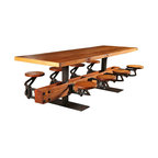 Swing out Seat Table With Eight Cast Iron Attached Seats and Rough Sawn Pine Top