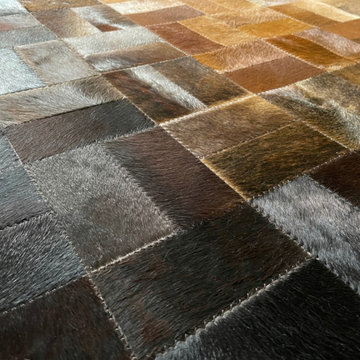 Custom Cowhide Patchwork Rug - close-up detail