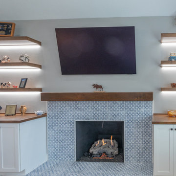 Porcelain Island Kitchen Remodel with Custom Built-Ins + Fireplace Feature