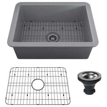 27in Undermount Single Bowl Fireclay Kitchen Sink with Grid and Drainer, Matte Gray