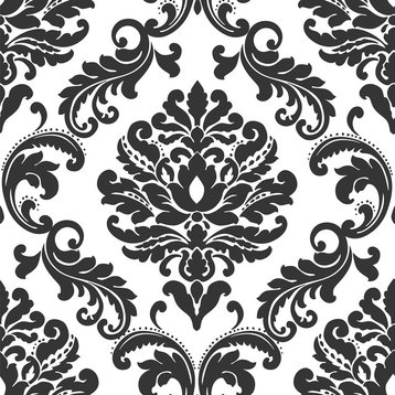 Modern Damask Peel and Stick Wallpaper, Black/White, 4 Rolls