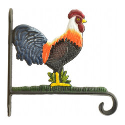 Import Wholesales - Decorative Rooster Plant Hanger Hook, Colorful Cast Iron, Large 10.125" Deep - Brackets