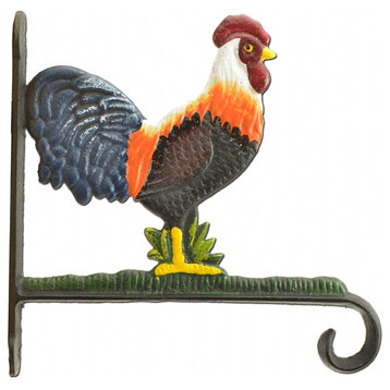 Decorative Rooster Plant Hanger Hook, Colorful Cast Iron, Large 10.125" Deep