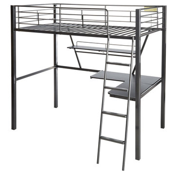 Twin Loft Bed, Metal Frame With Safety Guard and Integrated Desk, Silver/Black