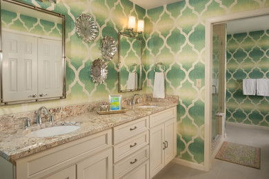 Design ideas for a mid-sized transitional master bathroom in Louisville with flat-panel cabinets, white cabinets, a freestanding tub, a double shower, a two-piece toilet, white tile, ceramic tile, porcelain floors, an undermount sink, granite benchtops, beige floor, a hinged shower door and beige benchtops.